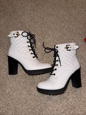 Guess by Marciano White Quilted Lace-Up Block Heel Ankle Boots